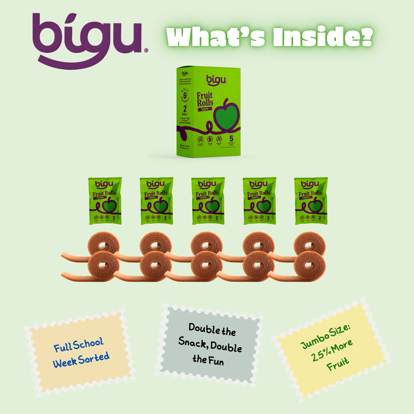 Bigu Snacks Fruit Rolls Trio Display – 15 Count | Apple, Strawberry & Mango Variety
