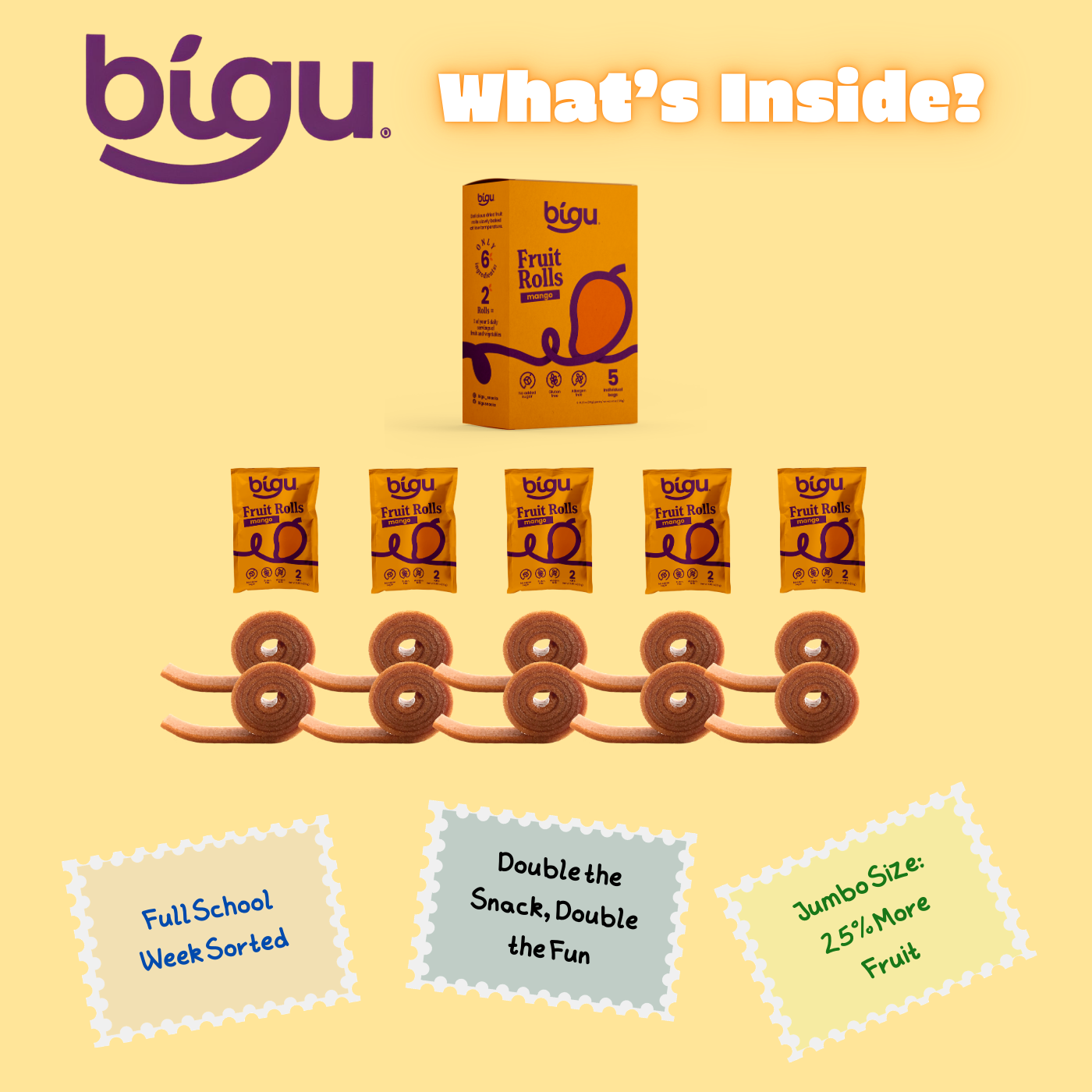 Bigu Snacks Fruit Rolls Trio Display – 15 Count | Apple, Strawberry & Mango Variety