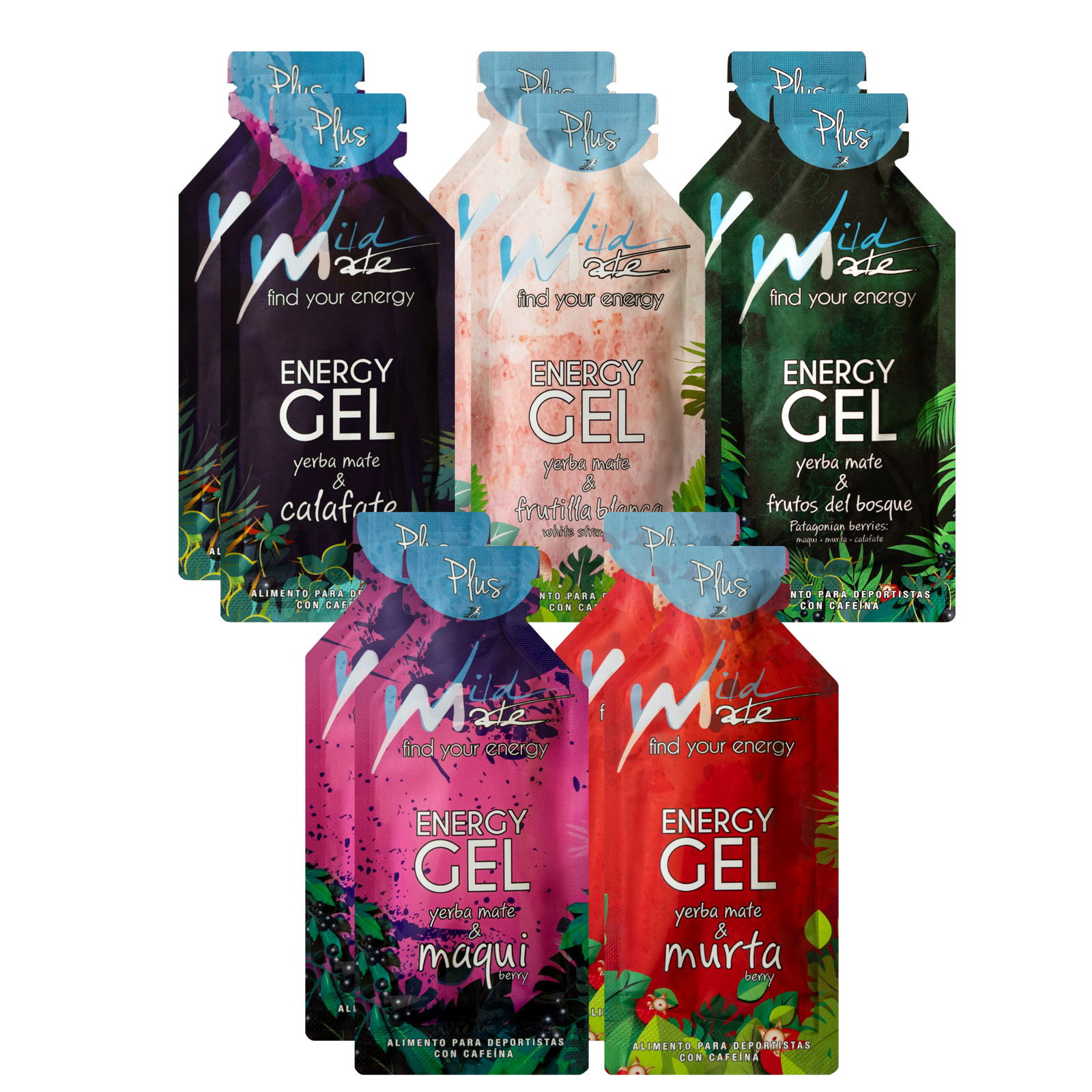 Wildmate Energy Gel Plus Variety Pack – 10 Count | All 5 Flavors + Yerba Mate Caffeine