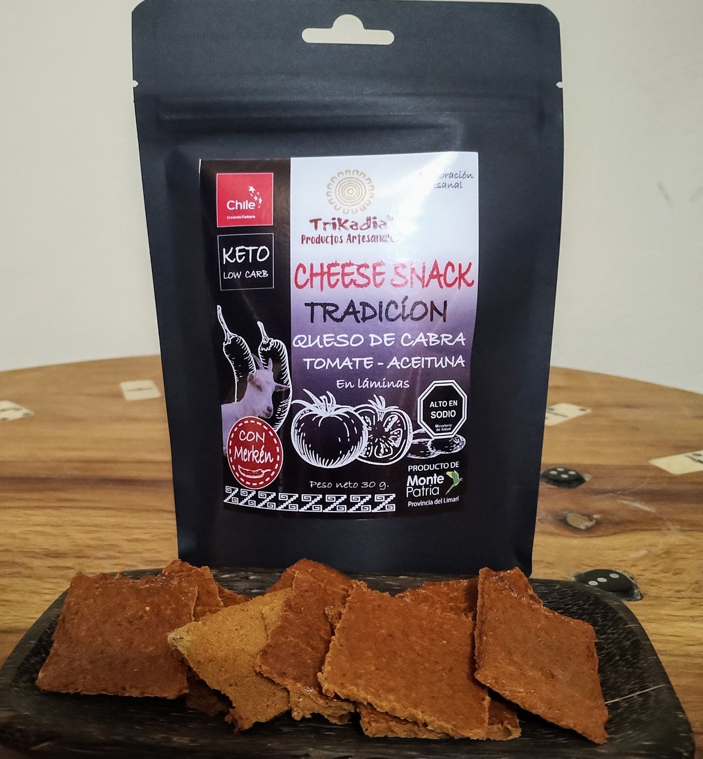 Trikadia Goat Cheese Snacks with Merkén Chili – spicy, high-protein Chilean snack made with goat cheese and smoked chili