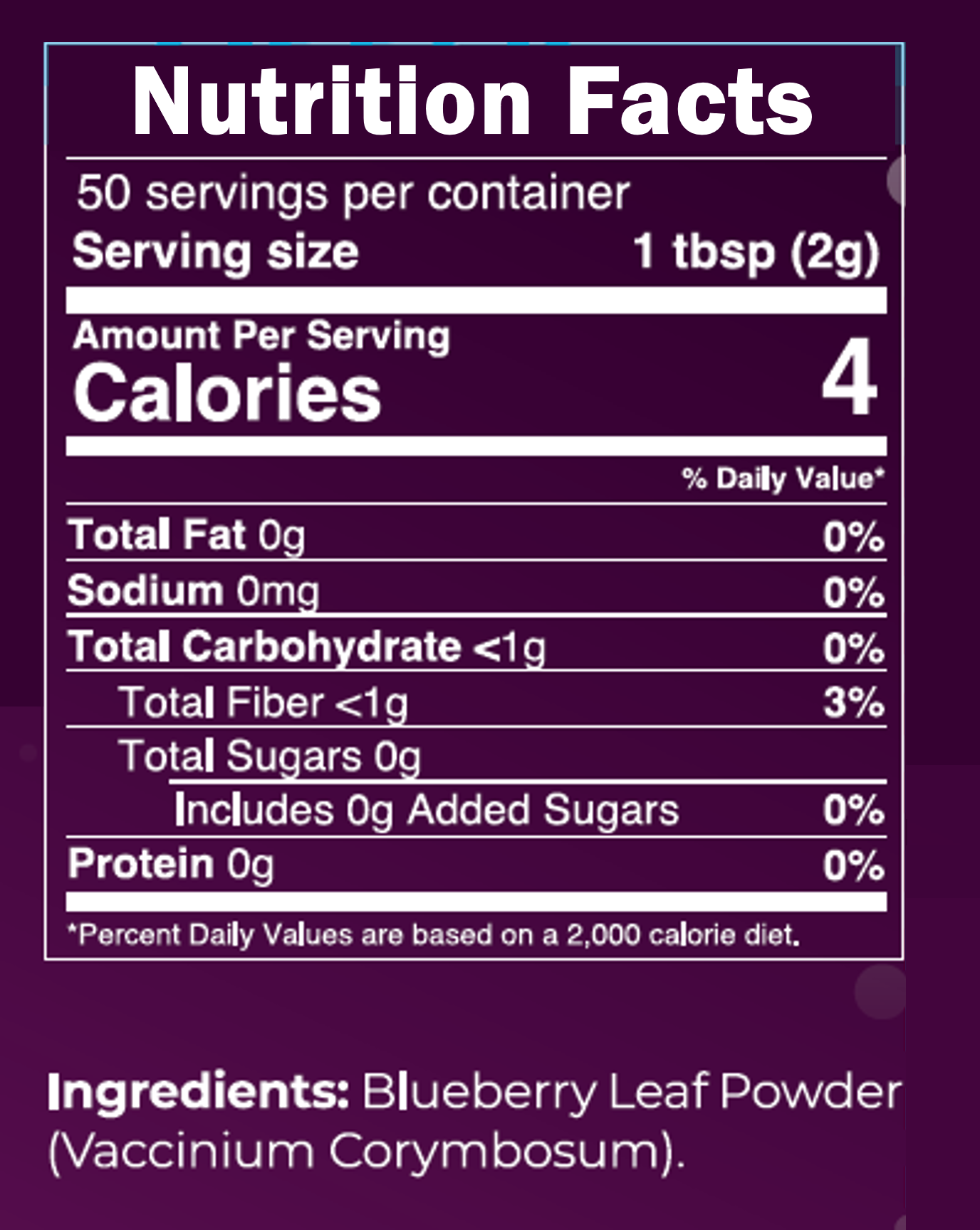 Nutrition facts label for Prana Fruit Blueberry Leaf Powder, showing 100% blueberry leaves and no added sugar or additives