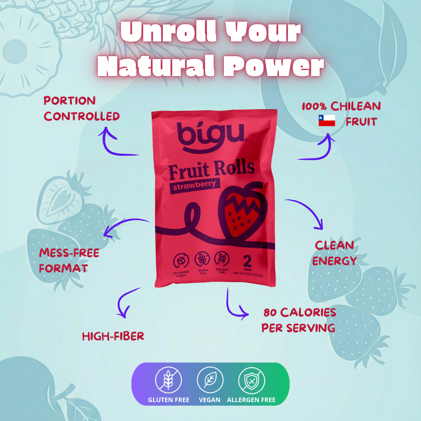 Bigu Snacks Strawberry Fruit Rolls Two-Week Pack – 14 Count | Lunchbox Stock-Up