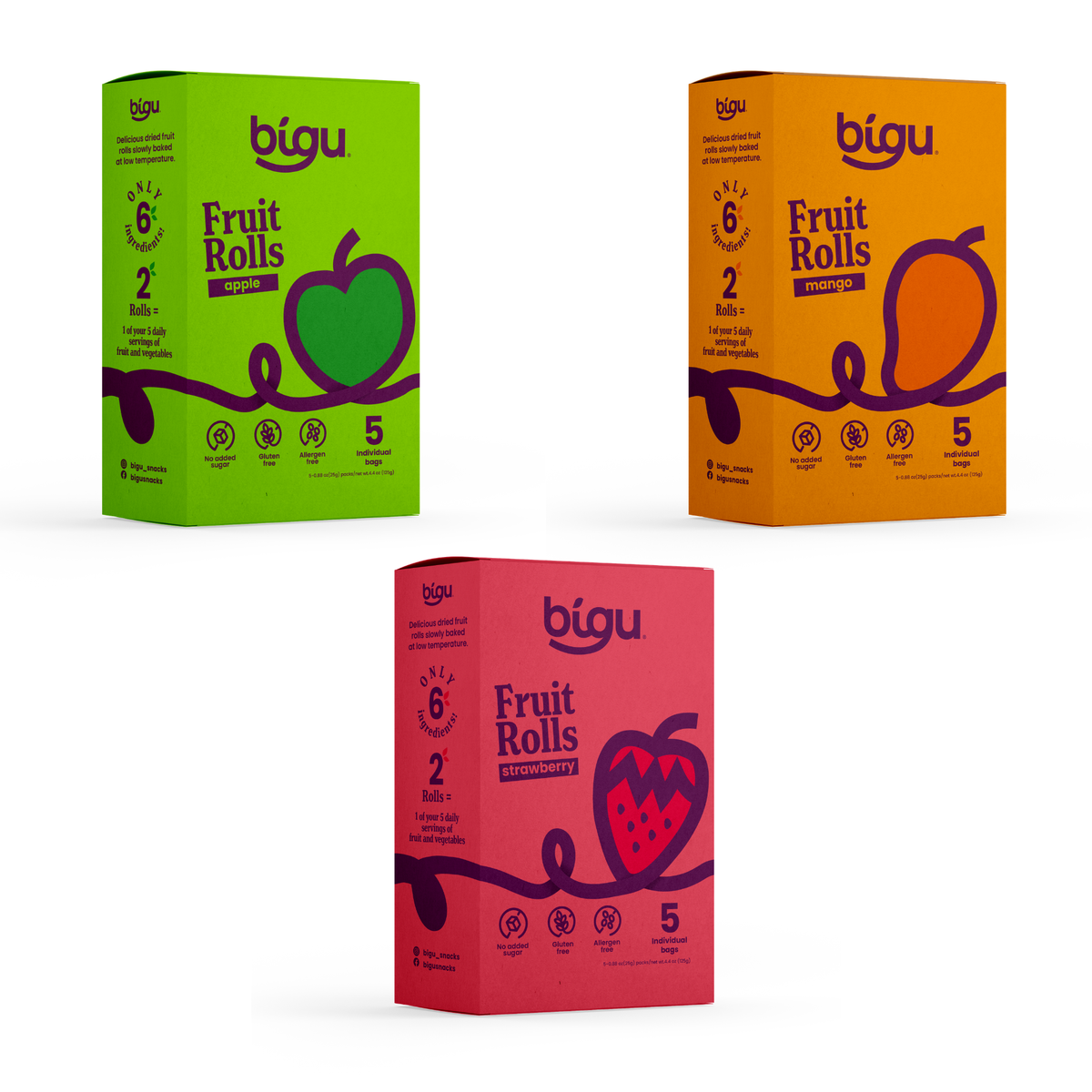 Bigu Snacks Fruit Rolls Trio Display – 15 Count | Apple, Strawberry & Mango Variety