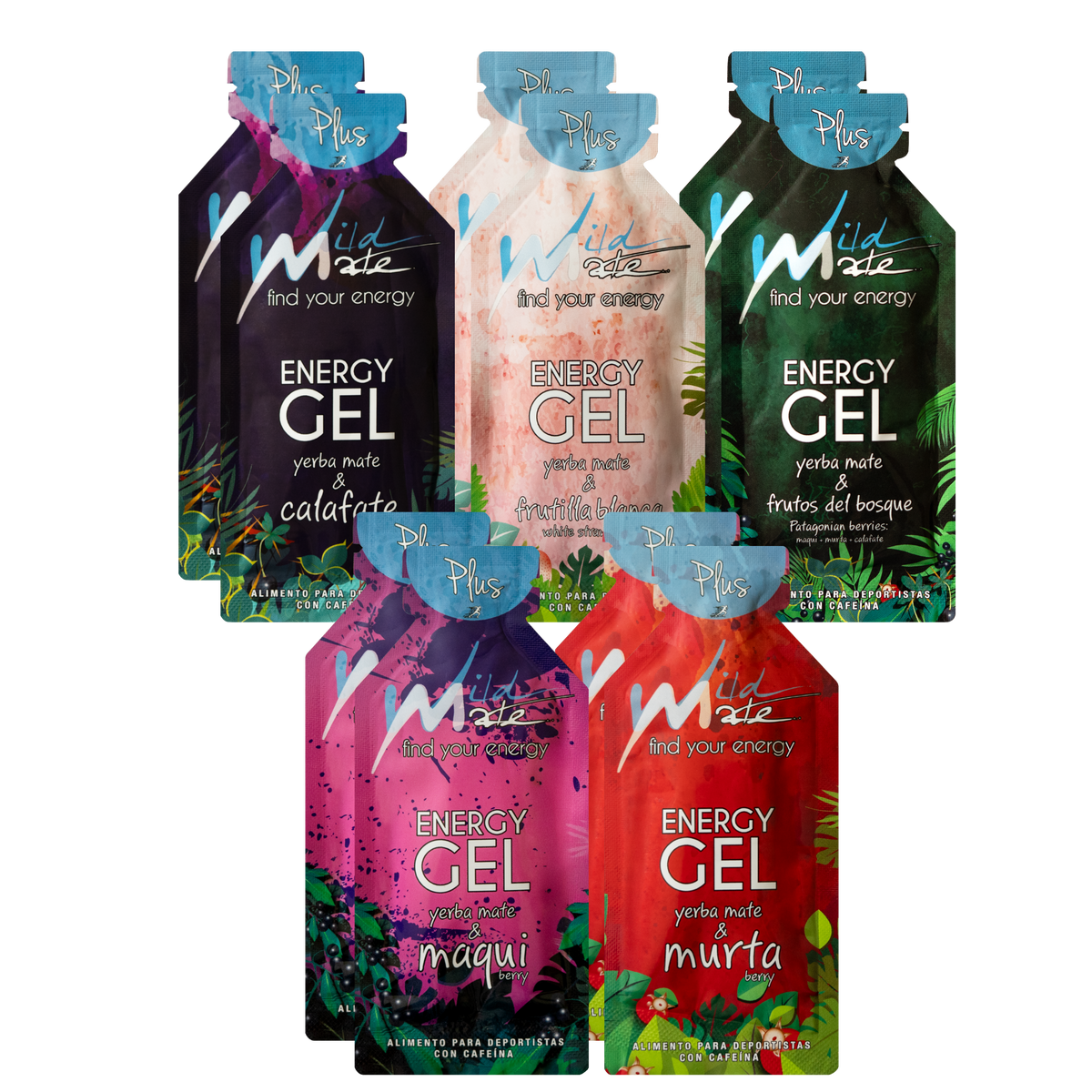 Wildmate Energy Gel Plus Variety Pack – 10 Count | All 5 Flavors + Yerba Mate Caffeine