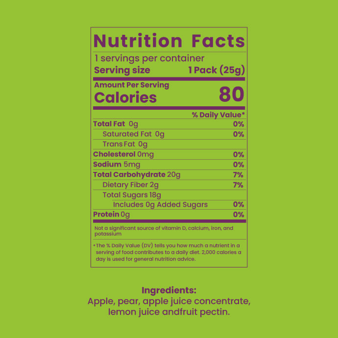 Nutrition facts for Bigu Fruit Rolls – 100% natural fruit snack with no added sugars or preservatives.