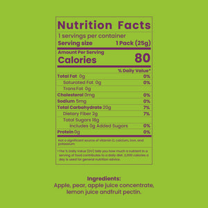 Nutrition facts for Bigu Fruit Rolls – 100% natural fruit snack with no added sugars or preservatives.