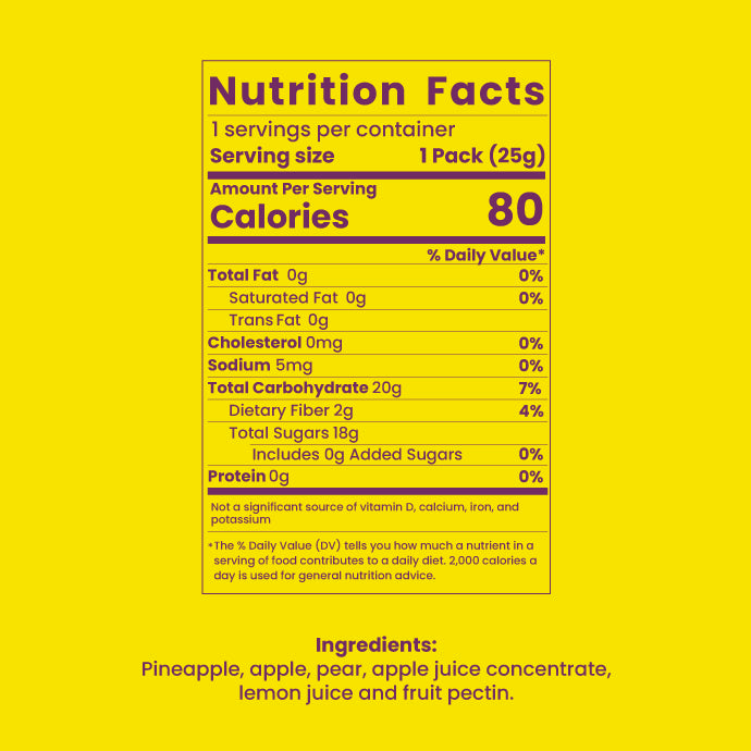 Nutrition facts for Bigu Fruit Rolls – 100% natural fruit snack with no added sugars or preservatives.