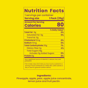 Nutrition facts for Bigu Fruit Rolls – 100% natural fruit snack with no added sugars or preservatives.