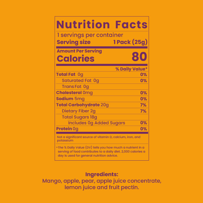 Nutrition facts for Bigu Fruit Rolls – 100% natural fruit snack with no added sugars or preservatives.