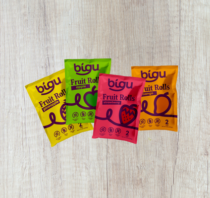 Bigu Fruit Rolls 4-Pack – assorted natural fruit snacks with strawberry, pineapple, mango, and apple flavors