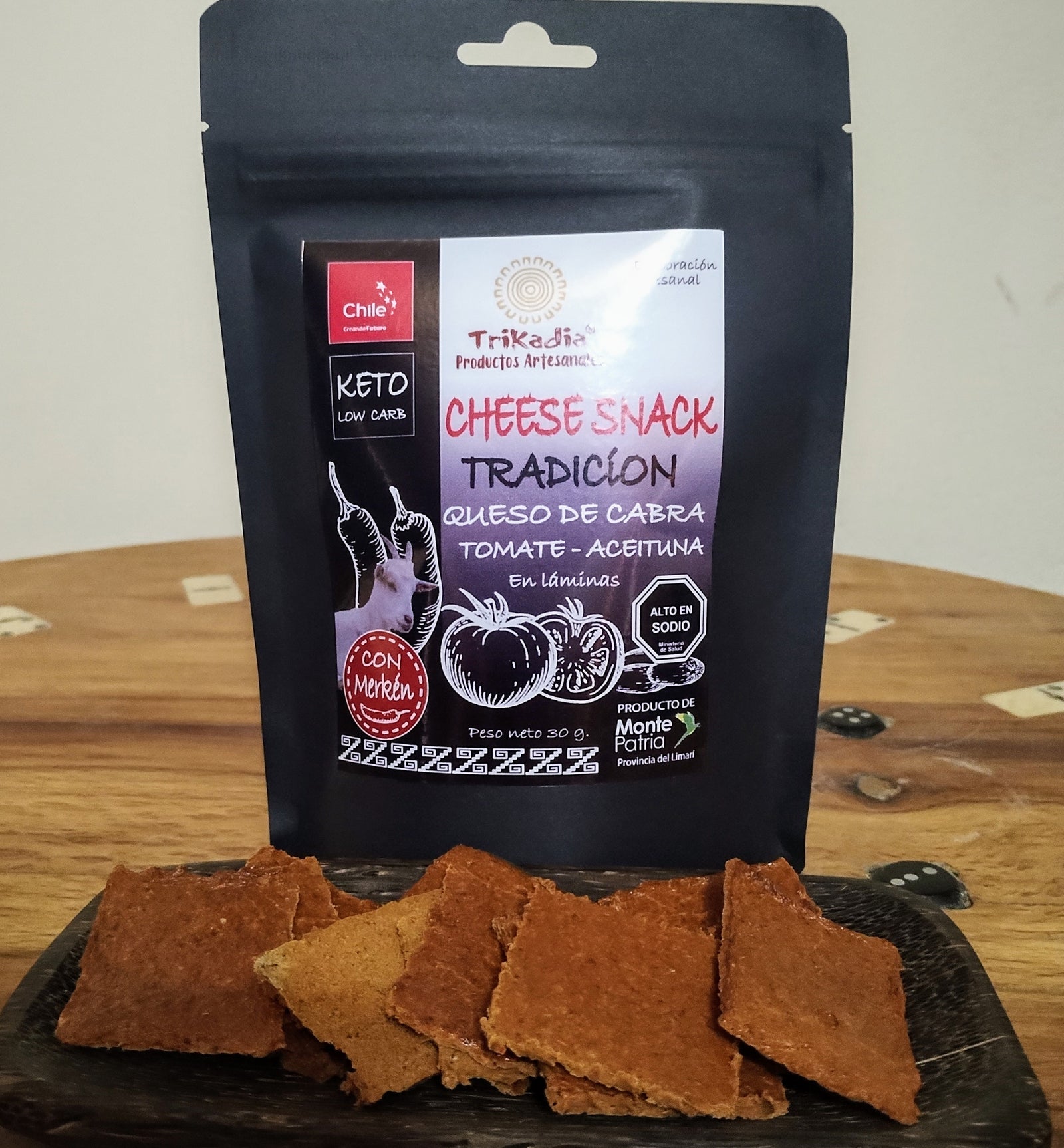 Trikadia Goat Cheese Snacks with Merkén Chili – spicy, high-protein Chilean snack made with goat cheese and smoked chili